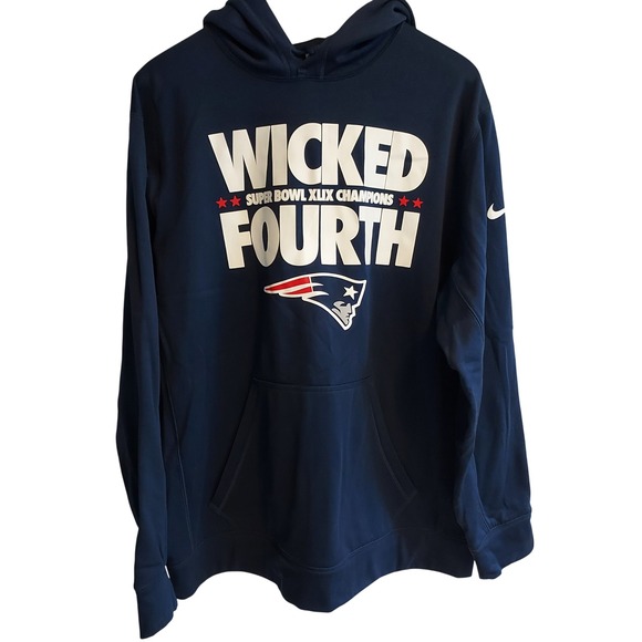Nike Men's Navy‎ Blue Therma Fit Hoodie Super Bowl XLIX Patriots "Wicked Fourth" - Picture 3 of 12